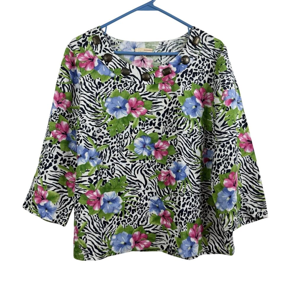 Vintage 100% Linen Choices Floral Zebra Print Top Medium Embellished Boat Neck
